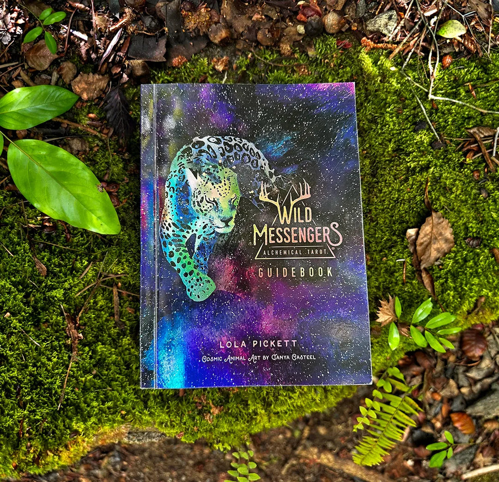 Wild Messengers® Alchemical Tarot 292-page full-color guidebook open on floor, Costa Rica