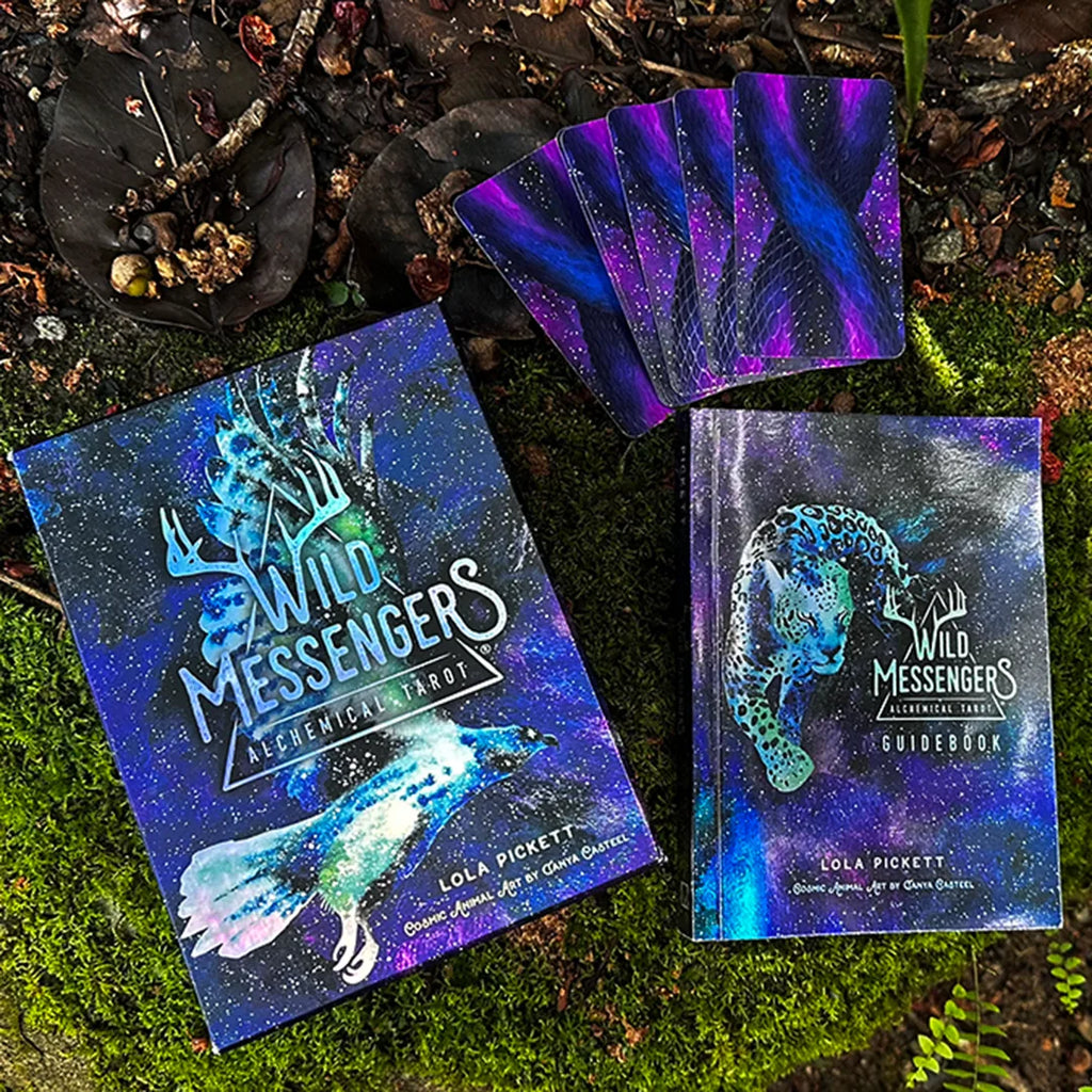 Wild Messengers® Alchemical Tarot complete set — deck, guidebook, and box on Costa Rica floor